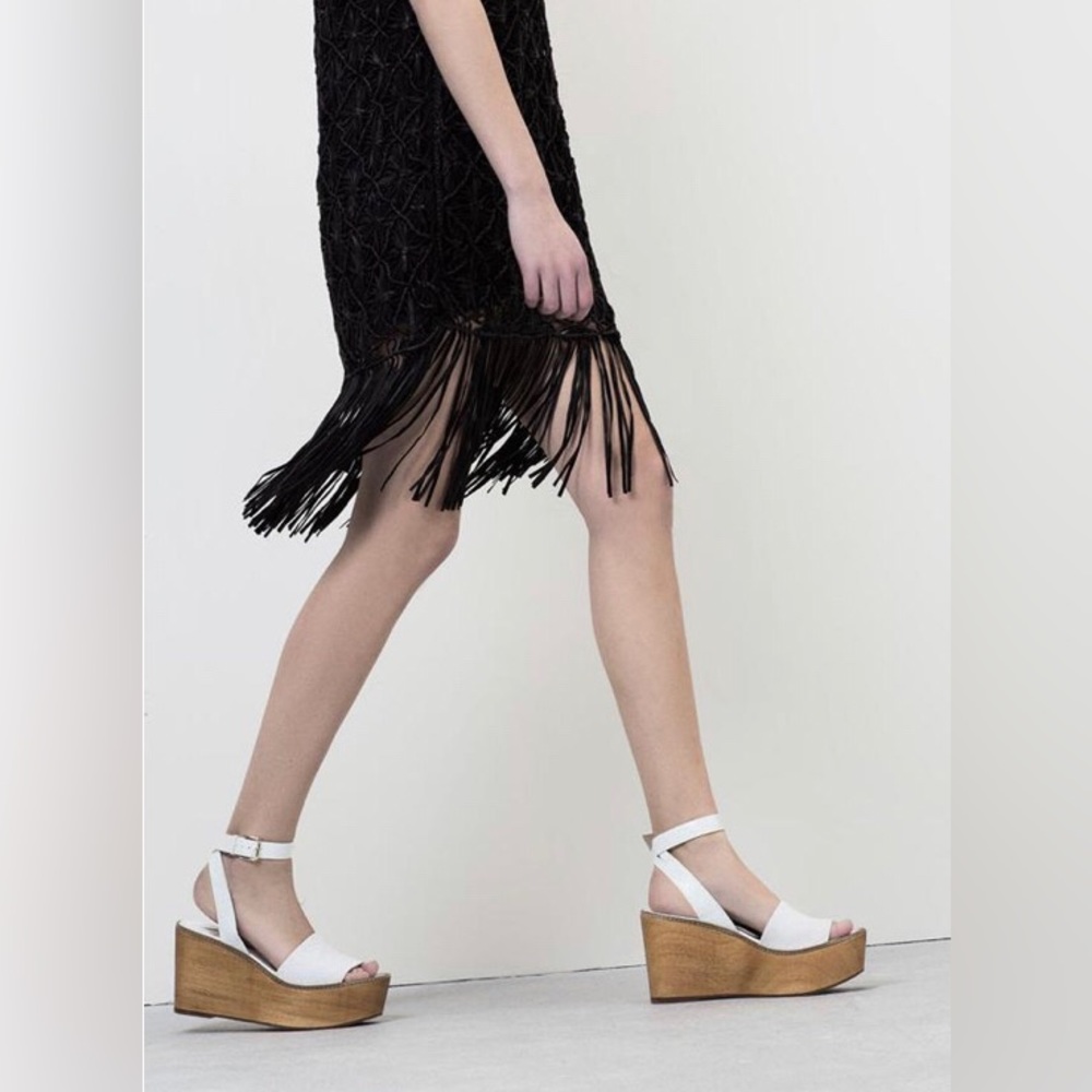 ZARA UTERQUE Platform Wood Wedge Sandal,Leather Anklet,Fur Toe,White,38